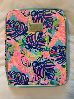 Lilly Pulitzer Mint Tech Sleeve with Neon Floral and Navy Leaf Print